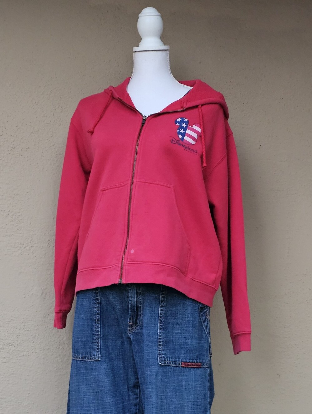 Disneyland 100% Cotton Patriotic Disney Head Red Zip Up Hoodie Sz M